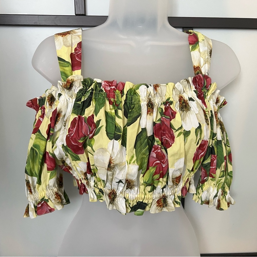 Dolce & Gabbana Multicolor Floral Print Cotton Off Shoulder Crop Top Small 40 - Picture 2 of 6